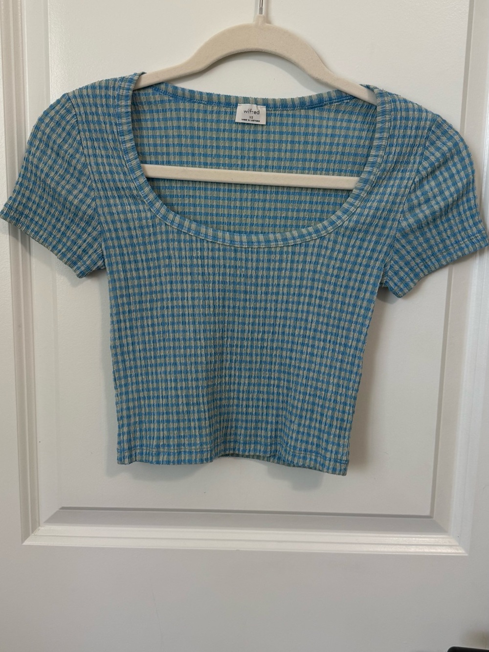 Aritzia Wilfred Blue Check Square-Neck Crop Top. Yacht Tee. Size XS